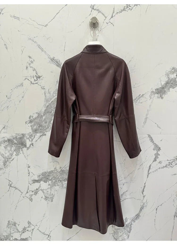 Women sheepskin leather trench coat long belt - Boho Living Room