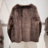 Women Leather Real Fur Coat Short Shearling Round Neck Jacket