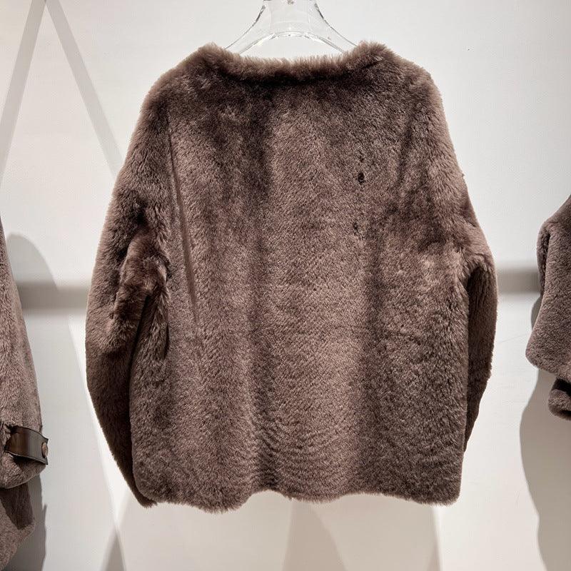Women Leather Real Fur Coat Short Shearling Round Neck Jacket