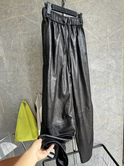 Women Genuine Leather Trousers Elastic Waist Carrot Pants