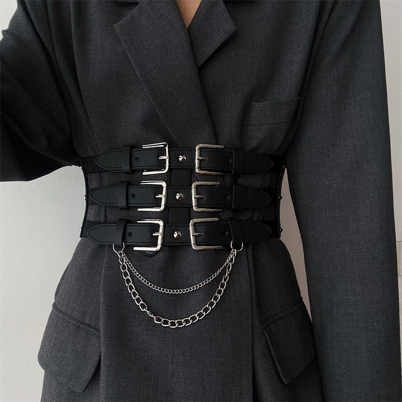 Women’s Black Punk Waist Belt With Buckles and Chains