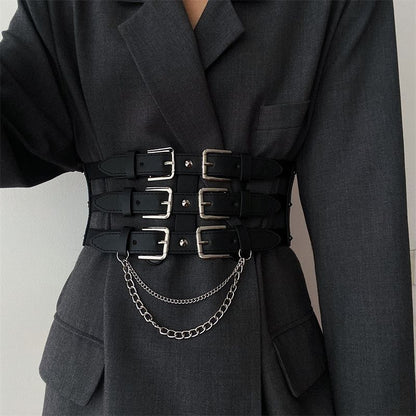 Women’s Black Punk Waist Belt With Buckles and Chains