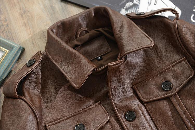 Men Brown Military Cowhide Leather Jacket