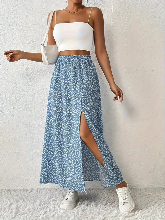 floral high waist split thigh skirt