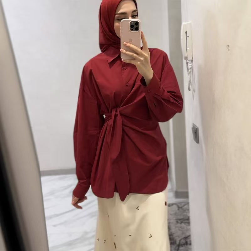 Women wrap tie waist long sleeve blouse