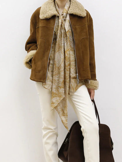 Women’s Suede Lambswool Fur Jacket Winter