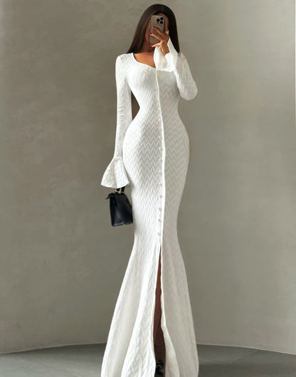 White button front bodycon maxi dress with flared cuffs