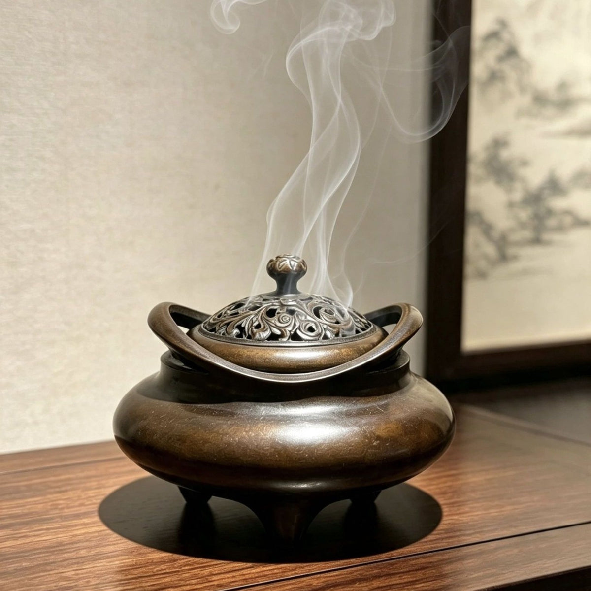 Incense Burner with Antique Bronze Finish and Ornate Lid