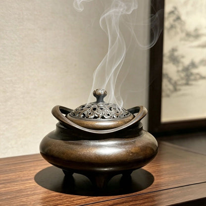 Incense Burner with Antique Bronze Finish and Ornate Lid