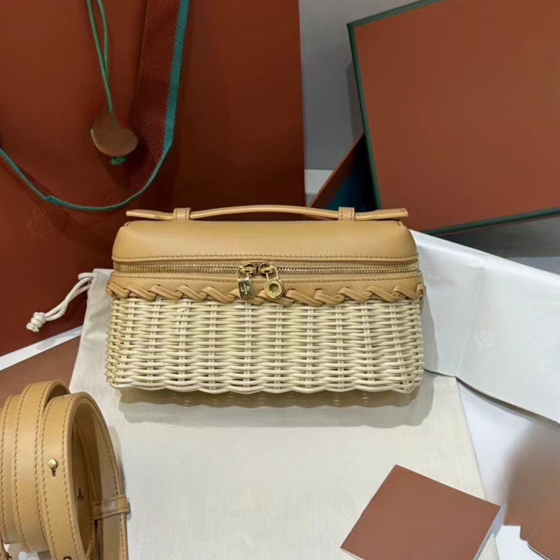 Handwoven Rattan and Leather Crossbody Summer Bag