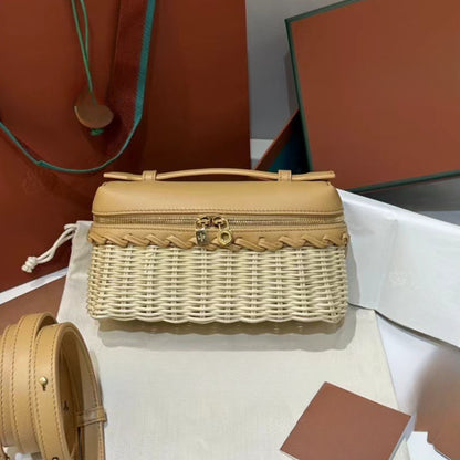 Handwoven Rattan and Leather Crossbody Summer Bag