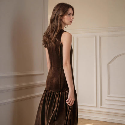 Velvet Midi Dress Women Solid Color Sleeveless