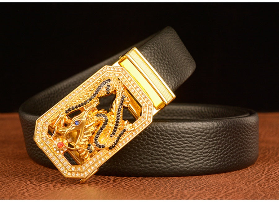 Men’s Cowhide Leather Belt with Rhinestone Dragon Buckle