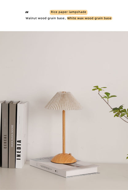 Nordic Pleated Table Lamp Rechargeable LED Wooden Base Bedside Light