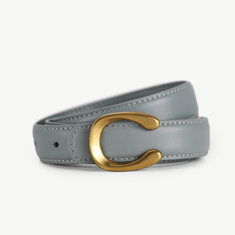 Women’s Black Leather Belt with Slim Gold C Buckle
