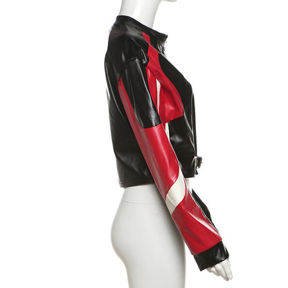 Cropped Faux Leather Biker Jacket Black Red White