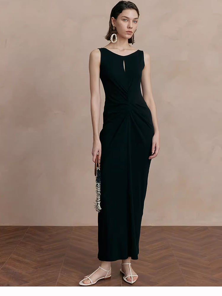 black sleeveless pleated cotton midi dress