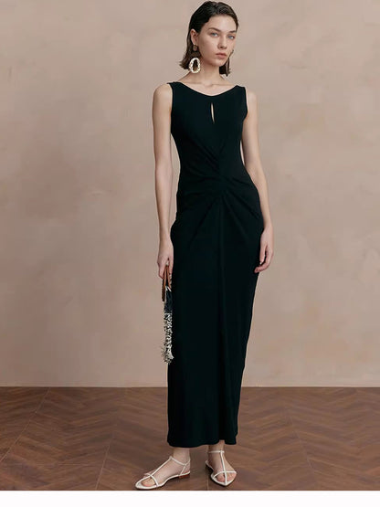 black sleeveless pleated cotton midi dress