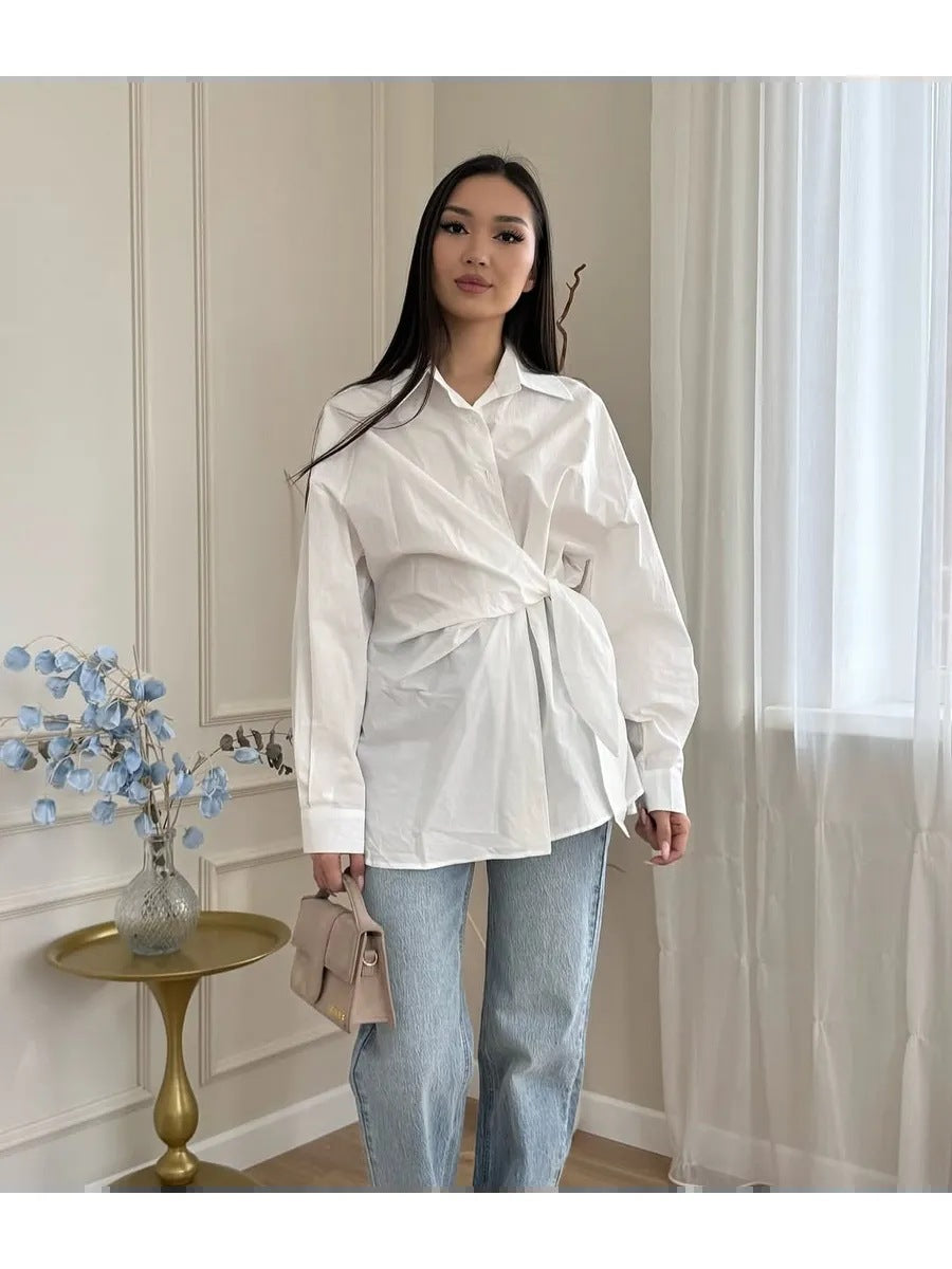 Women wrap tie waist long sleeve blouse