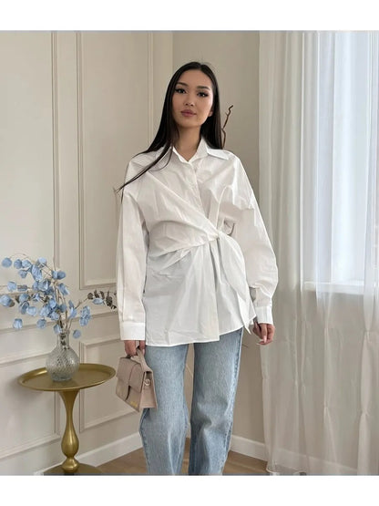 Women wrap tie waist long sleeve blouse