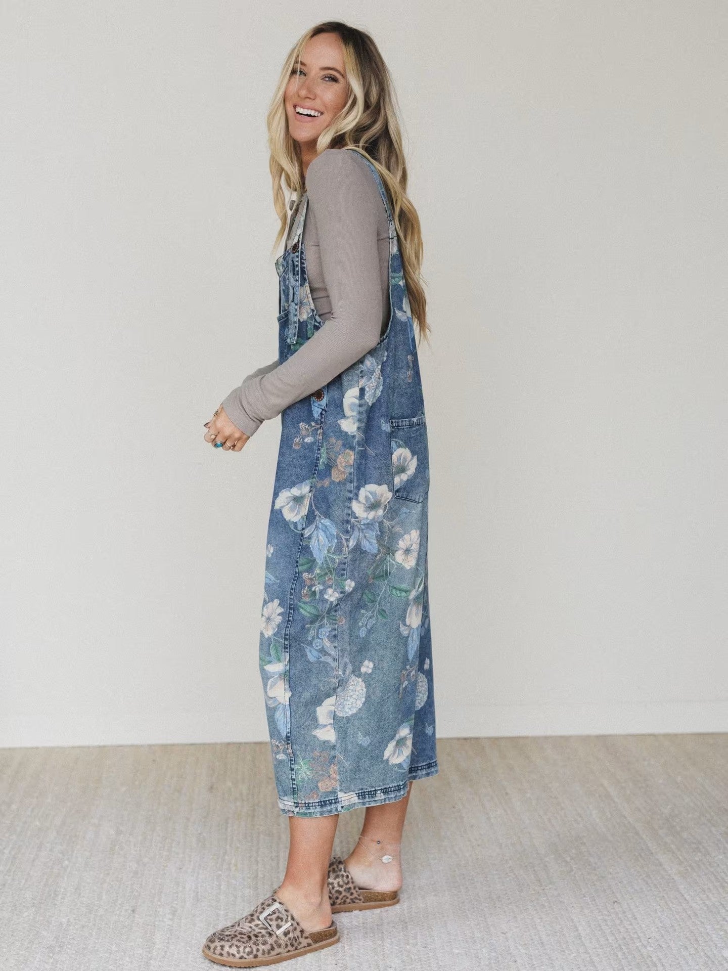 Floral print wide leg denim overalls women