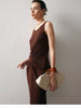 black sleeveless pleated cotton midi dress Brown