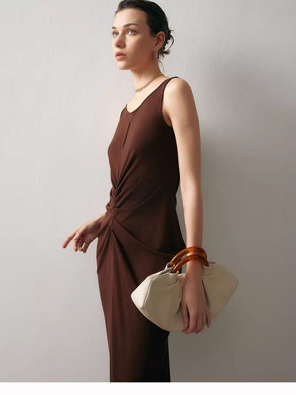 black sleeveless pleated cotton midi dress Brown