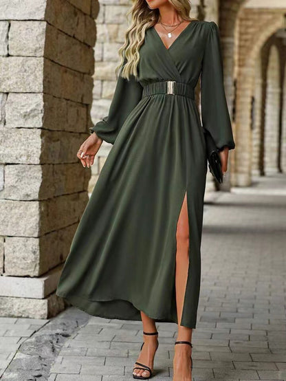 Olive Green V Neck Long Sleeve Belted High Slit Maxi Dress 1 S