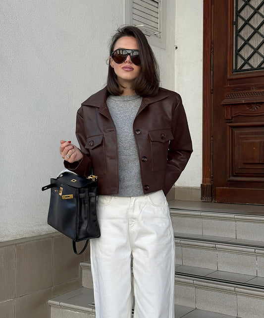 Brown Cropped Faux Leather Jacket for Women Flap Pockets