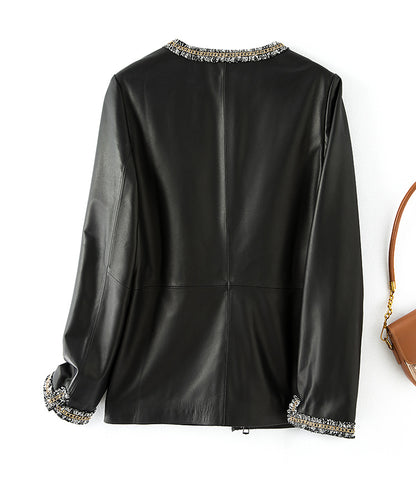 Women’s Leather Jacket with Chain Trim and Tweed Edge