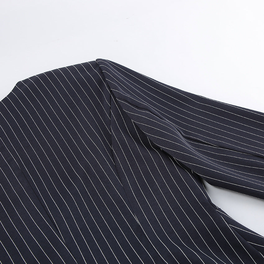 Women Navy Blue Pinstripe Blazer Skirt Set Two-Piece Outfit