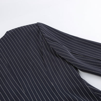 Women Navy Blue Pinstripe Blazer Skirt Set Two-Piece Outfit