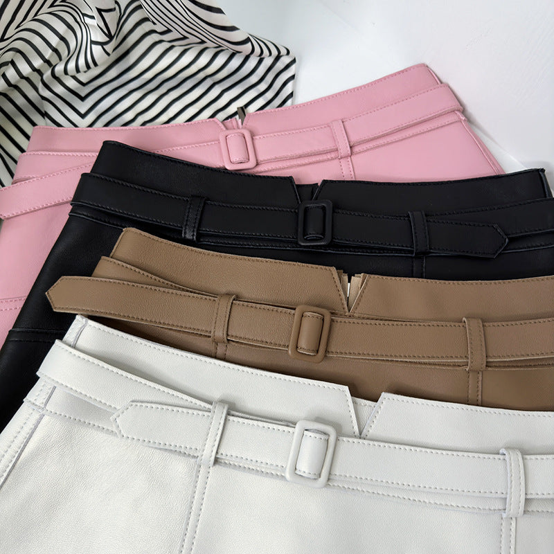 Genuine Leather A-Line Mini Skirt With Belt