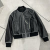Women Leather Bomber Jacket Black Slim Fit Moto Coat