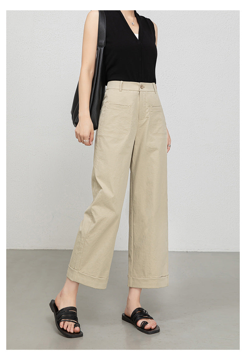 High waisted cropped pants women with rolled cuffs