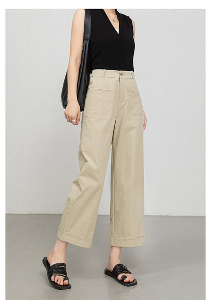 High waisted cropped pants women with rolled cuffs