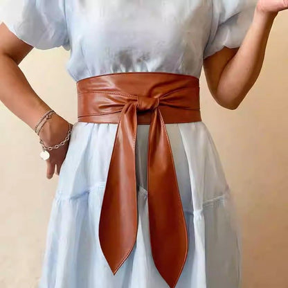 Women’s Wide Faux Leather Bow Tie Waist Belt