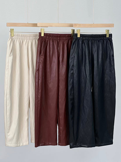 Women Leather Baggy Pants Retro Elastic Waist Loose Fit