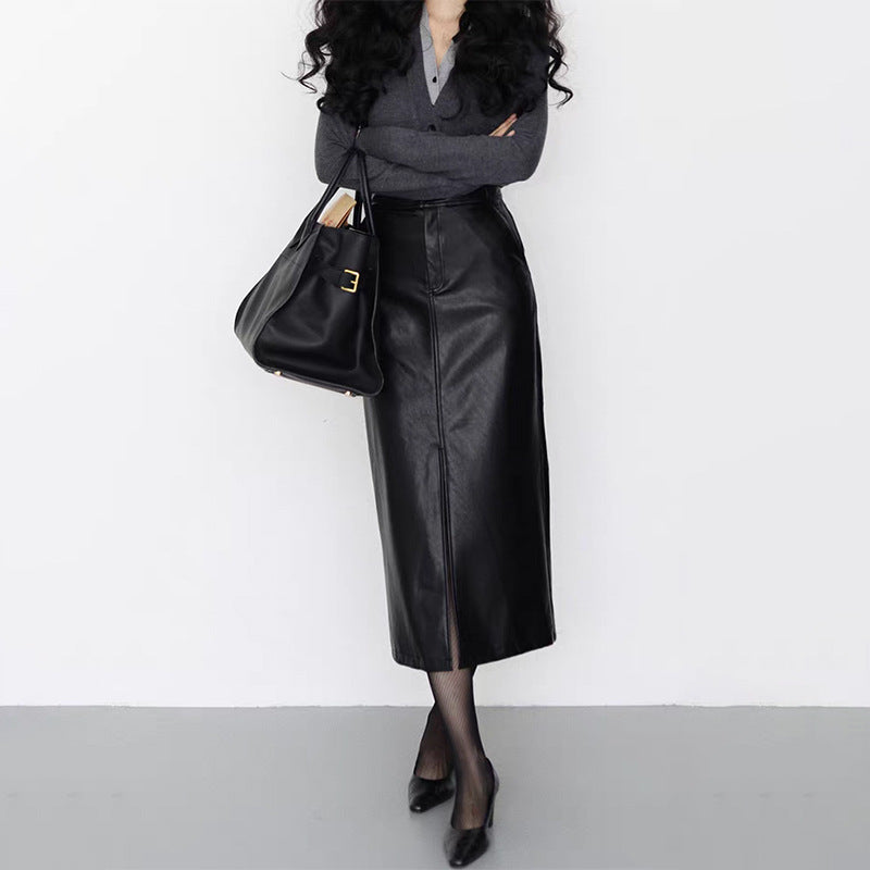 High Waisted A-Line Leather Midi Skirt with Front Slit