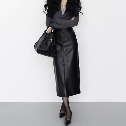High Waisted A-Line Leather Midi Skirt with Front Slit