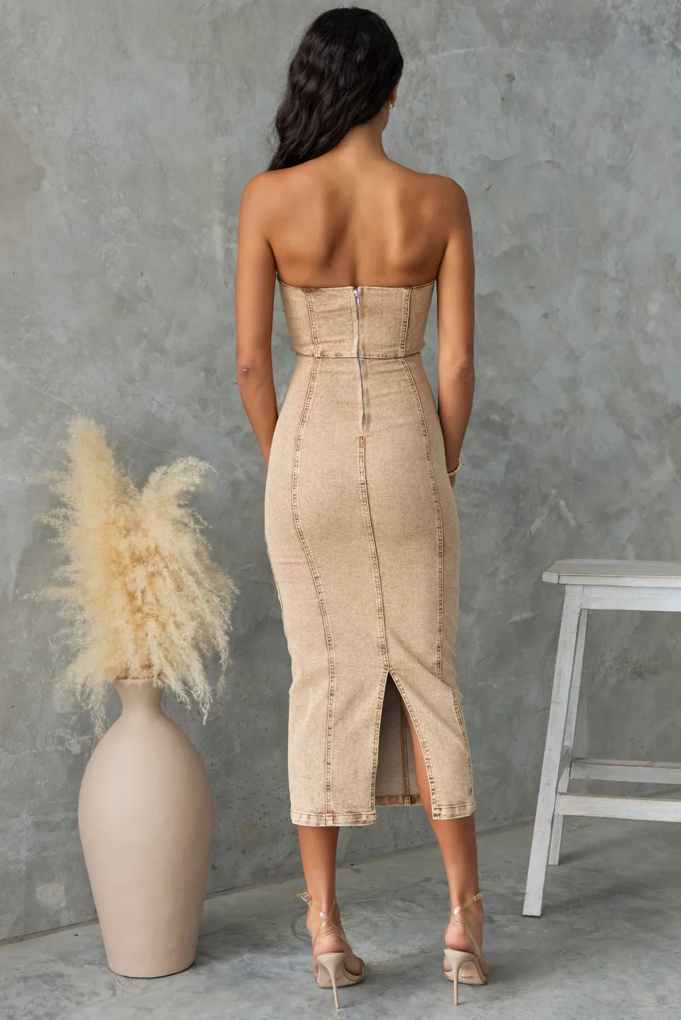 Women Slim Strapless Denim Midi Dress Bodycon