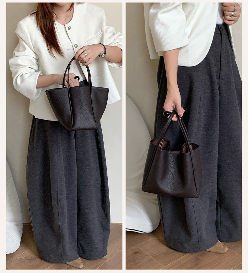 Women Soft Top Grain Leather Bucket Bag