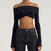 Women’s One Shoulder Exposed Waist Mesh Crop Top Long Sleeve Blouse