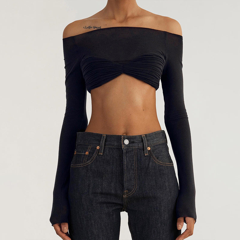 Women’s One Shoulder Exposed Waist Mesh Crop Top Long Sleeve Blouse