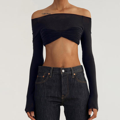 Women’s One Shoulder Exposed Waist Mesh Crop Top Long Sleeve Blouse