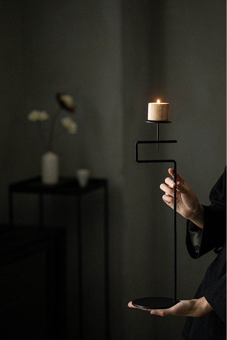 Black Wrought Iron Candle Stand with Wooden Cup – 45 cm