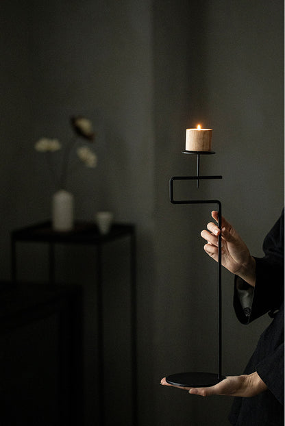 Black Wrought Iron Candle Stand with Wooden Cup – 45 cm