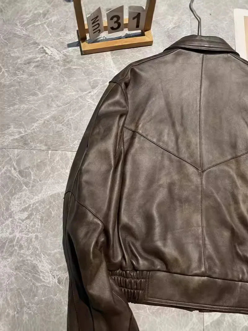 Brown sheepskin leather flight jacket with dropped shoulder