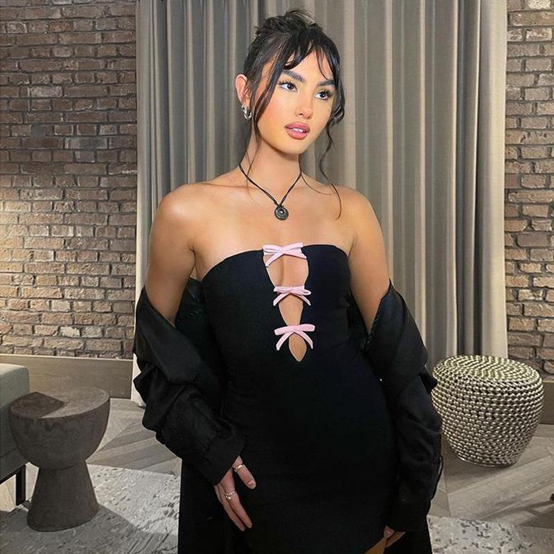 Bow knot strapless hollow mini dress