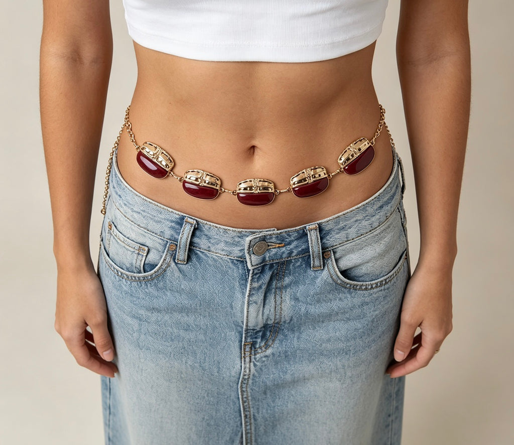 Women’s Red Enamel Waist Chain Gold Tone Belt